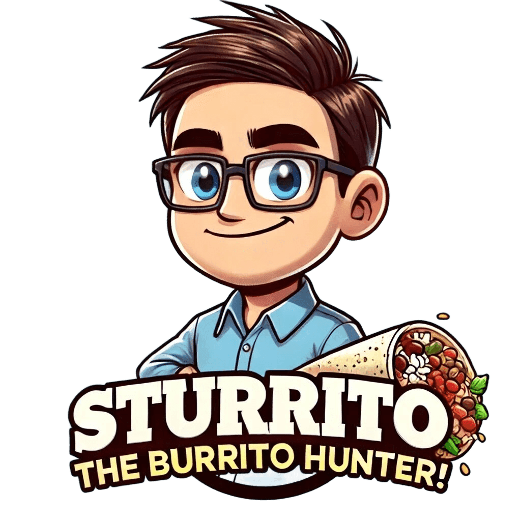 Sturrito character with glasses and a burrito, labeled Sturrito the Burrito Hunter.