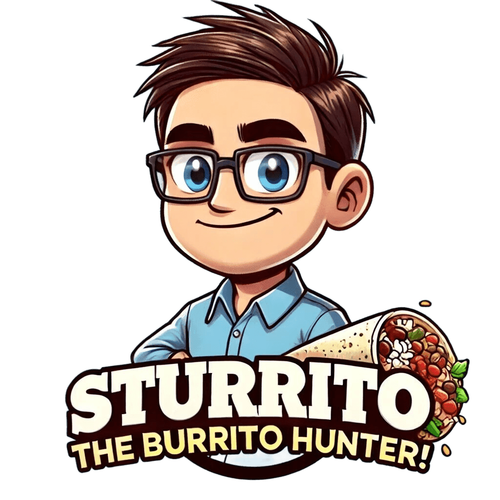 Cartoon character with glasses and a burrito, labeled Sturrito the Burrito Hunter.